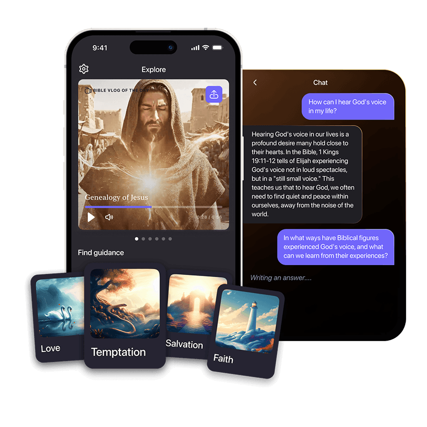 Faithe app shown on iPhone with Bible video and AI chat