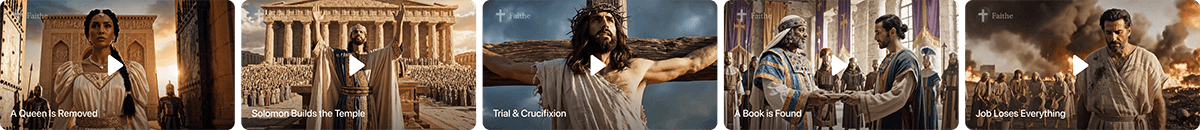 A library of Bible video stories including Solomon Builds the Temple, Trial & Crucifixion, A Book is Found and Job Loses Everything